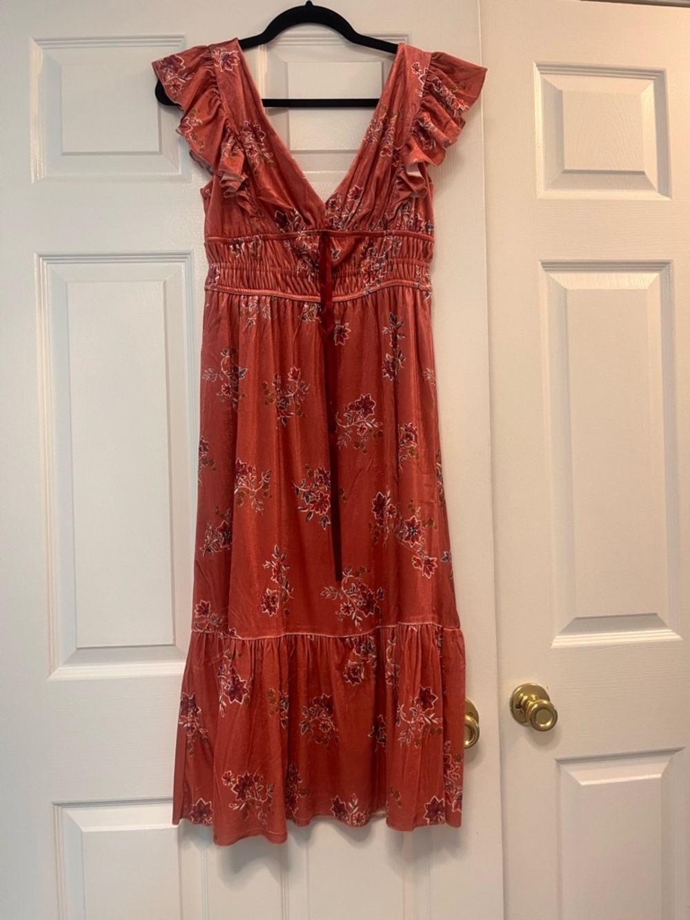 Francesca's Collections Rust Floral Ruffle Midi Dress S